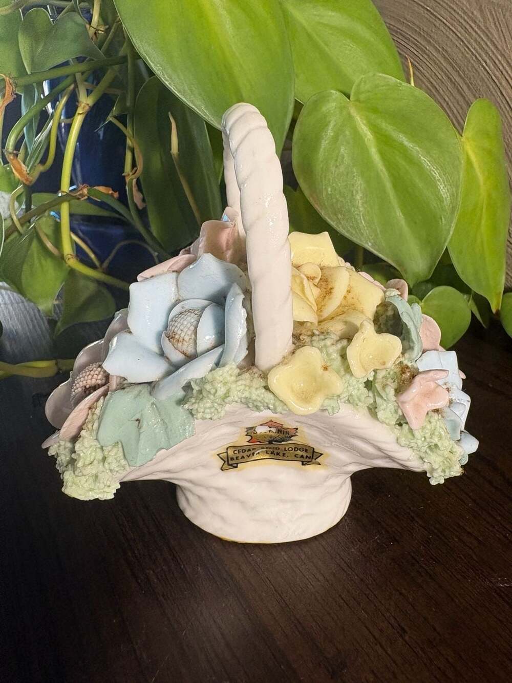 Vintage Porcelain Floral Basket Figurine Cedar Bend Lodge Beaver Lake, Canada